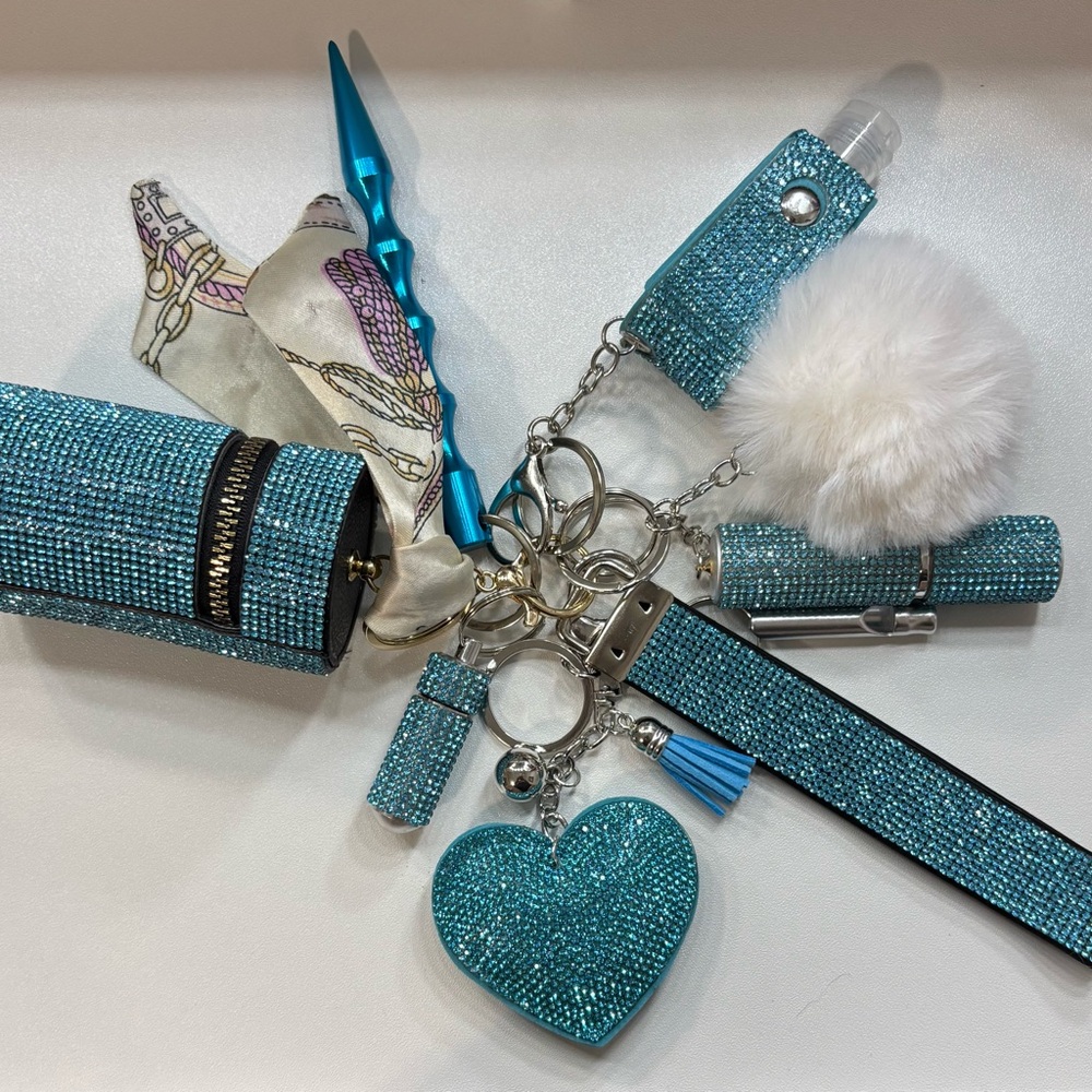 Sparkling Blue Keychain Set with Heart Charm